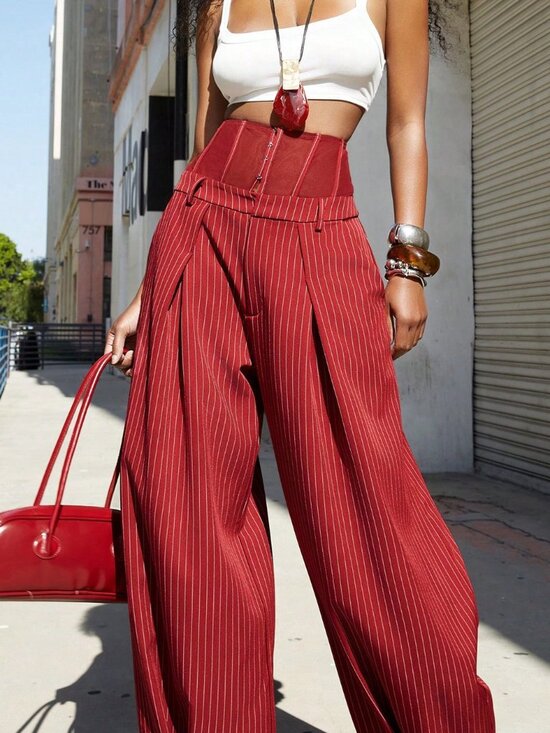 Pants - Red and White Casual Women's Corset Style Trousers with Pockets